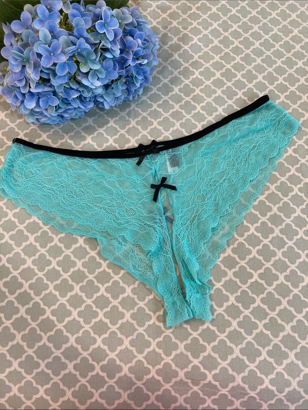 Vintage Tres Sexy Oh La La Cheri Lace Open Gusset Panty 1X/2X Blue